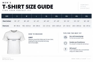 Mens t-shirt size guide chart with measurement instructions.