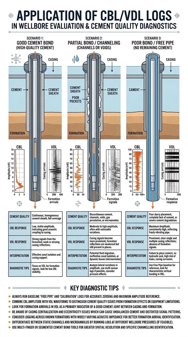 Diagram showing three cement bond scenarios in wellbores with corresponding CBL and VDL logs for cement quality evaluation.