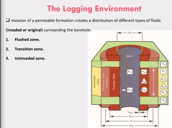 Diagram showing different fluid zones around a borehole in logging environment.
