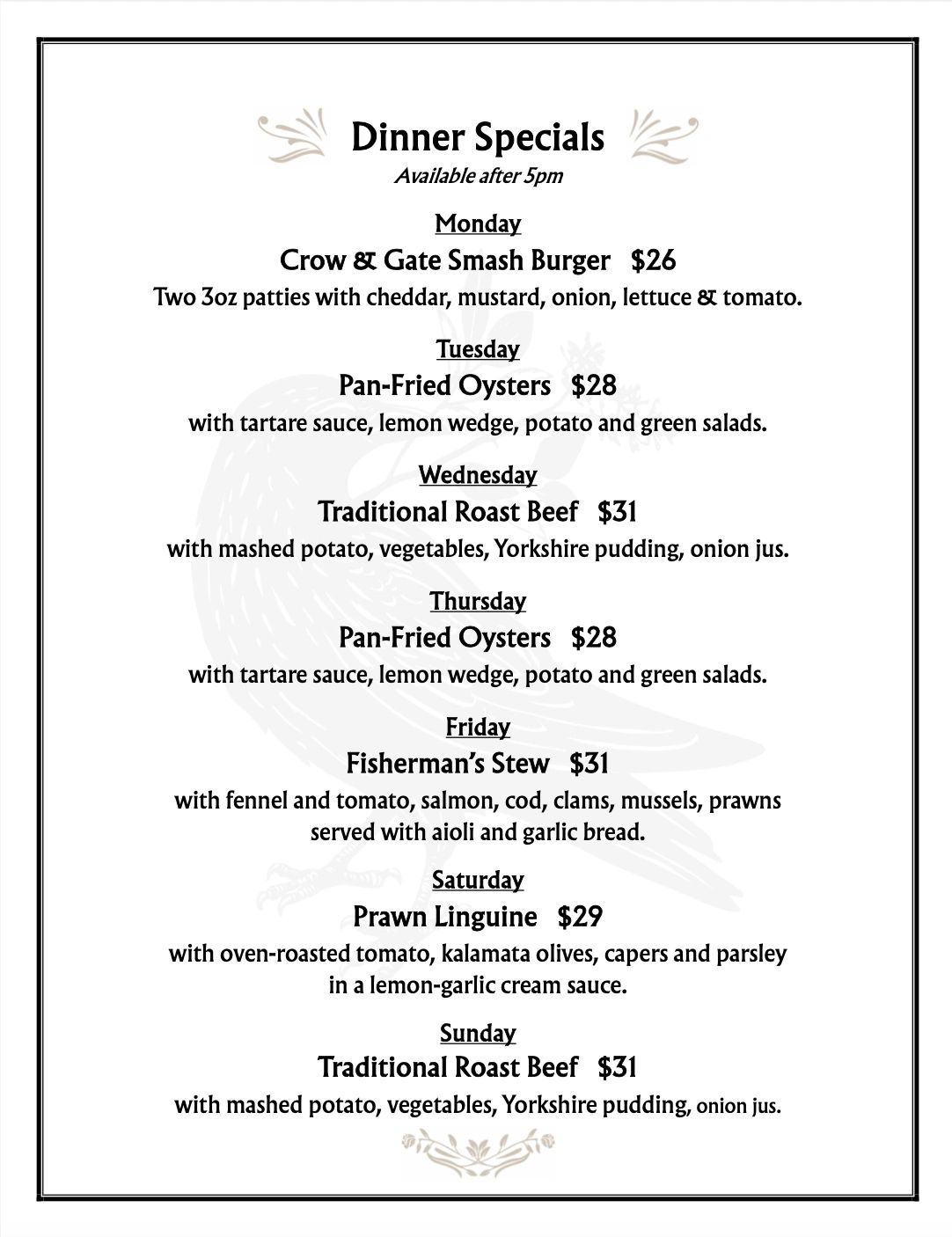 Weekly dinner specials menu with unique dishes each day after 5pm.