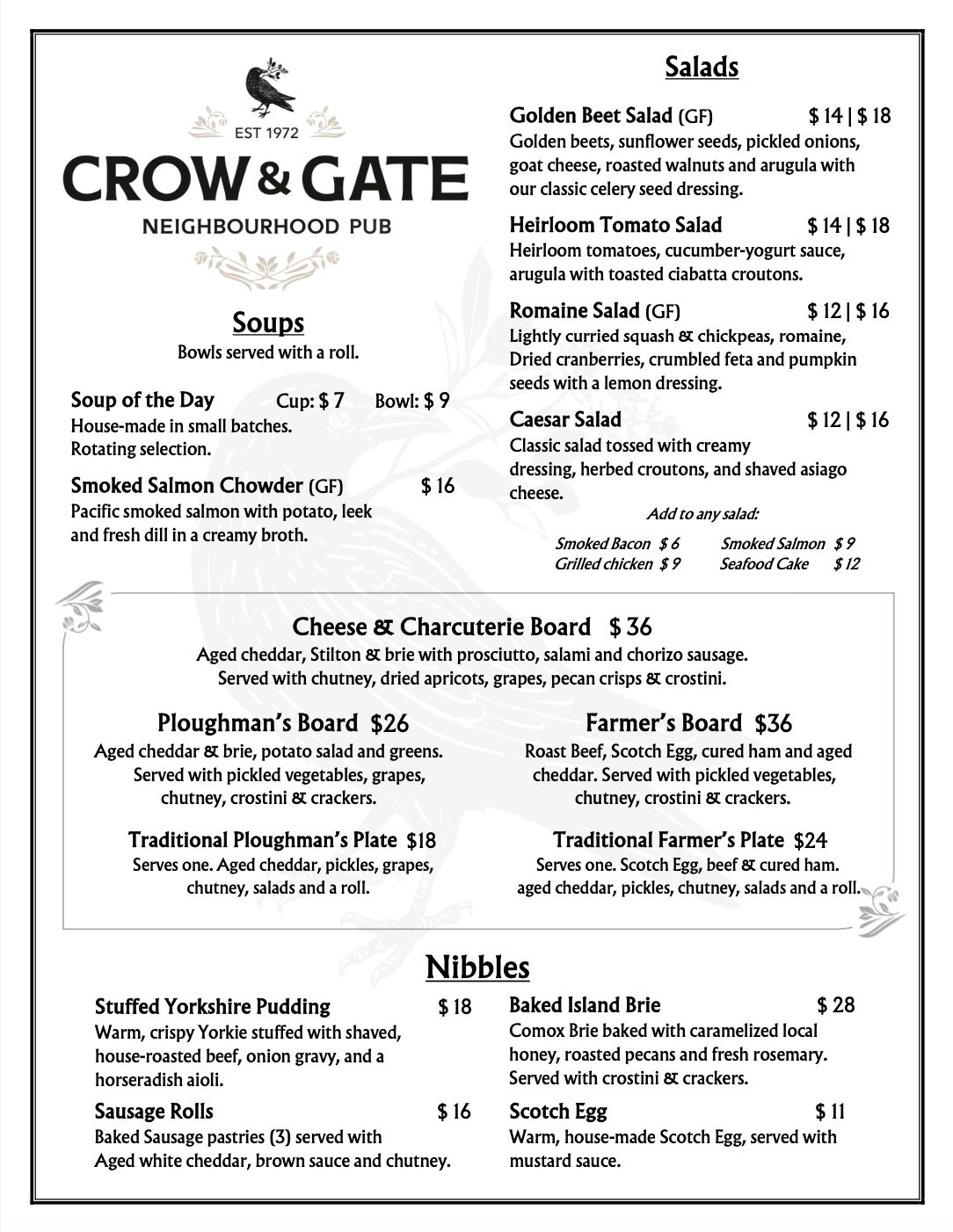 Menu from Crow &amp; Gate pub featuring soups, salads, boards, and nibbles with detailed descriptions and prices.
