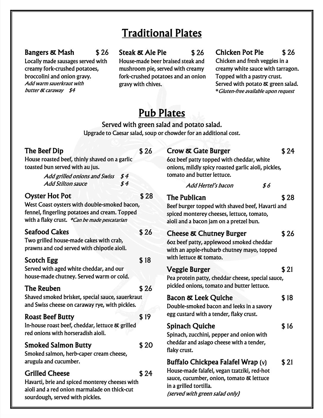 Menu featuring traditional plates and pub plates with various meat, seafood, and vegetarian options.