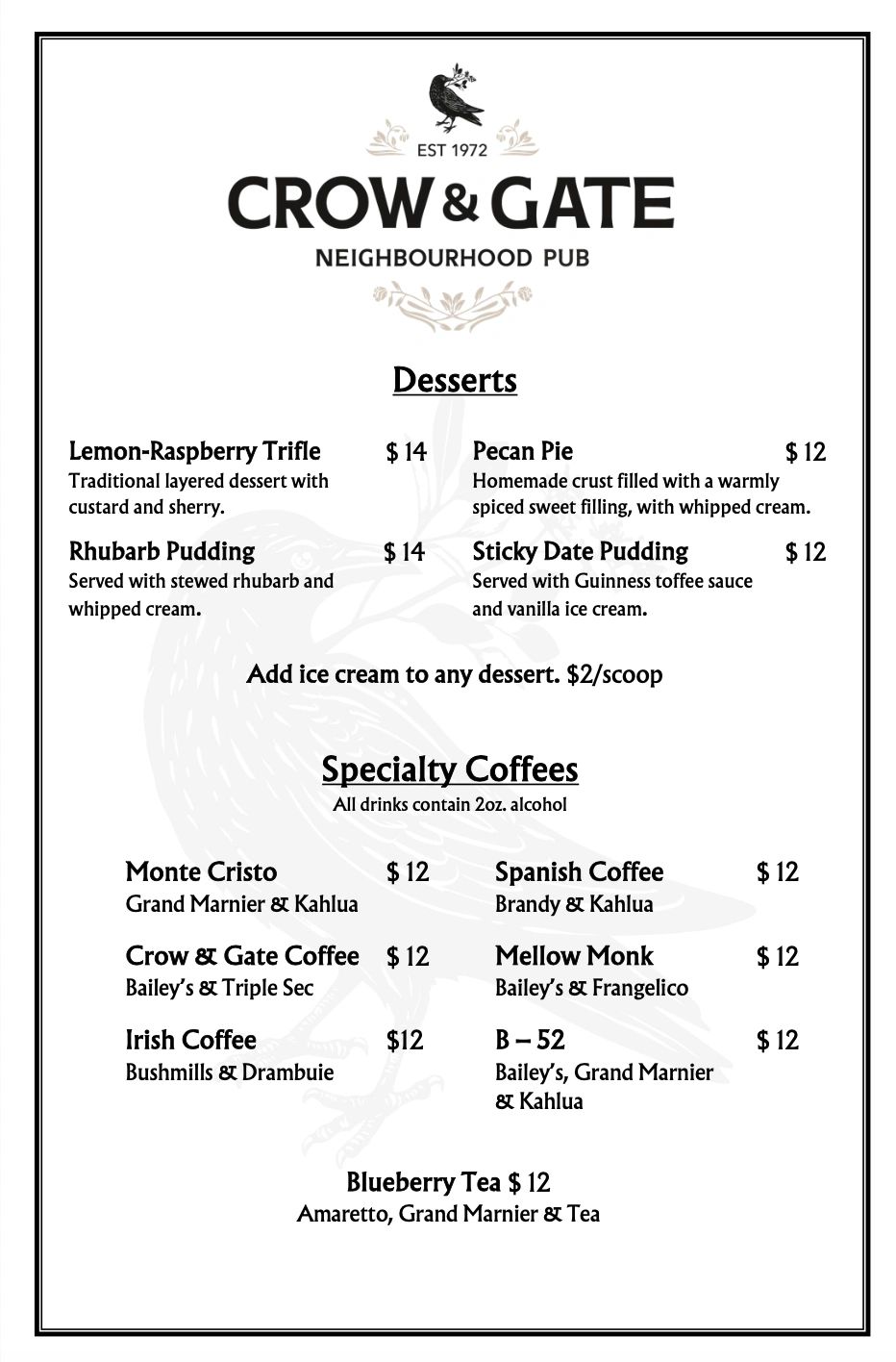 Crow &amp; Gate pub menu featuring desserts and specialty coffees with prices.