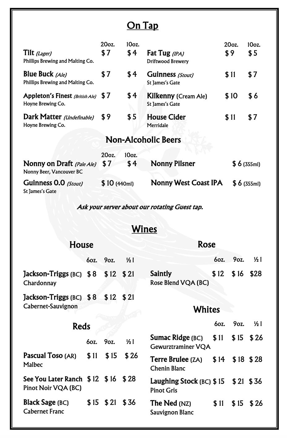 A detailed drink menu featuring beers on tap, non-alcoholic beers, and various wines with prices.