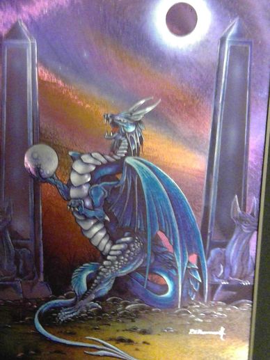 A blue dragon holding a glowing orb under a solar eclipse between two tall pillars.