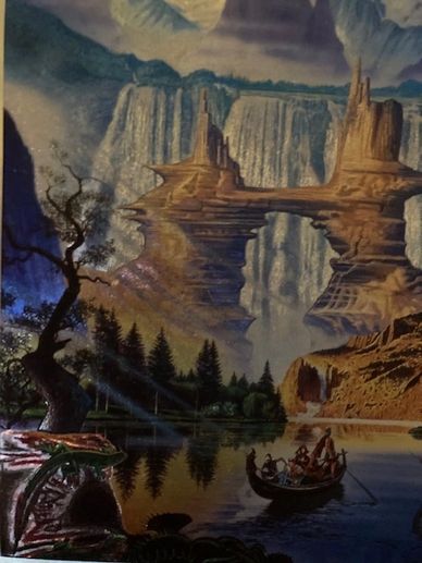 A boat with people near a surreal rock formation and waterfall in a mystical landscape.