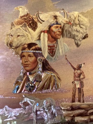 Native American figures with animal spirits and a man raising a peace pipe.