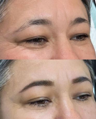 Before and after eyebrow microblading transformation on a woman's face.