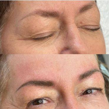 Before and after eyebrow microblading transformation on a woman's face.