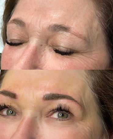 Before and after eyebrow microblading on a woman.