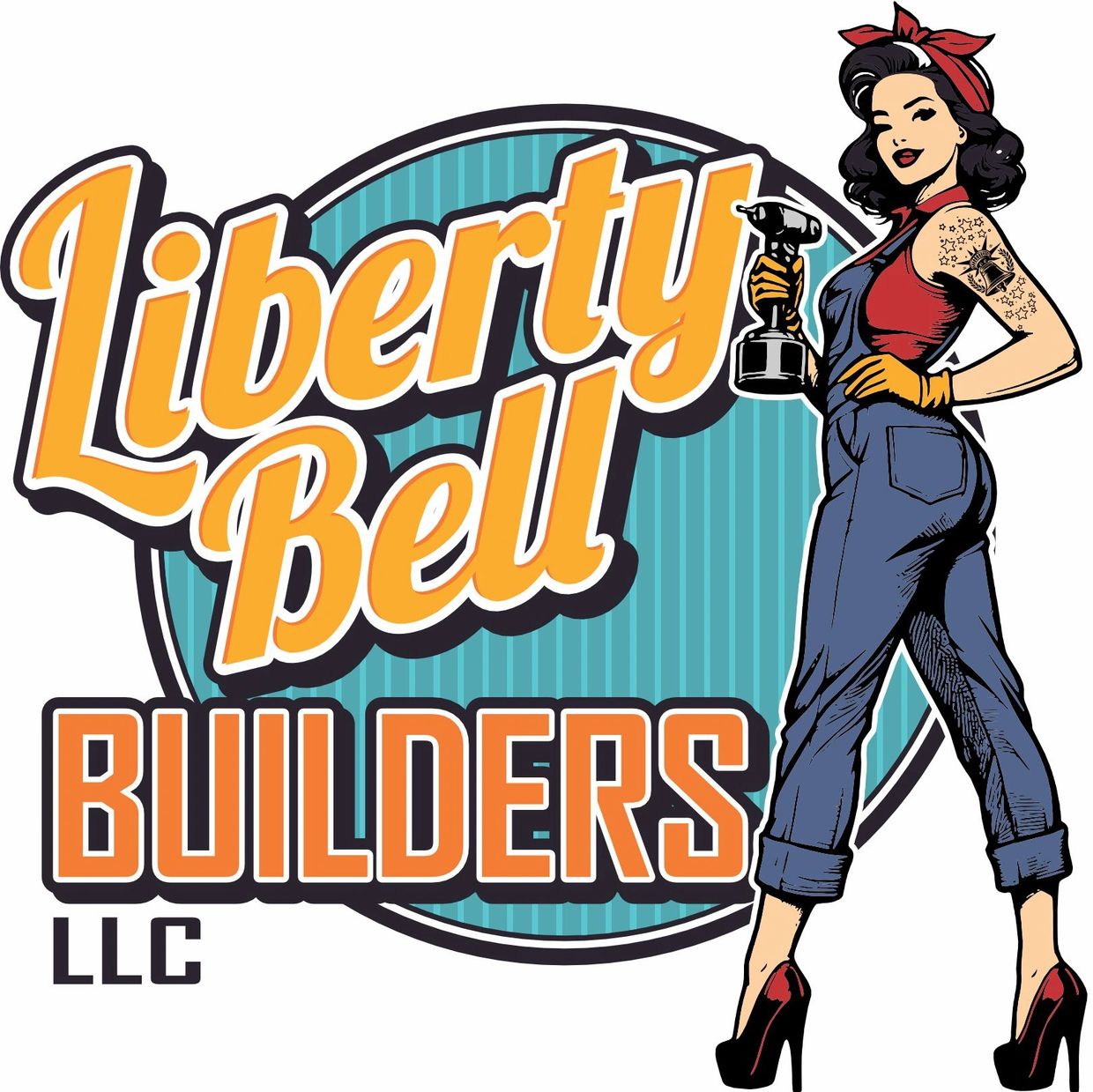 Retro-style logo for Liberty Bell Builders featuring a confident woman with a drill.