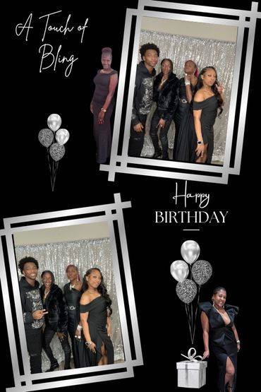 Elegant birthday collage with a black and silver theme and stylishly dressed group.
