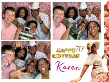 Group of friends celebrating Karen's 70th birthday with fun and laughter.