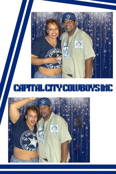 Two people posing happily with Capital City Cowboys Inc. branding.