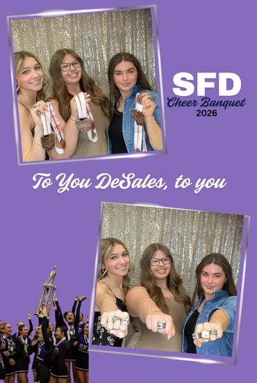 Three cheerleaders proudly show medals and rings at SFD Cheer Banquet 2026.
