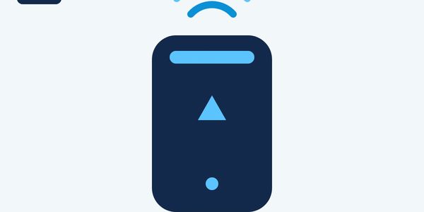Blue remote control icon with signal waves on light background.