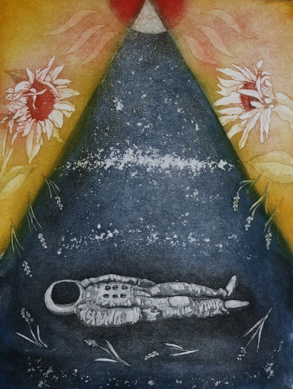 A figure of an astronaut floats in space with the milky way in the background and a slice of the moo