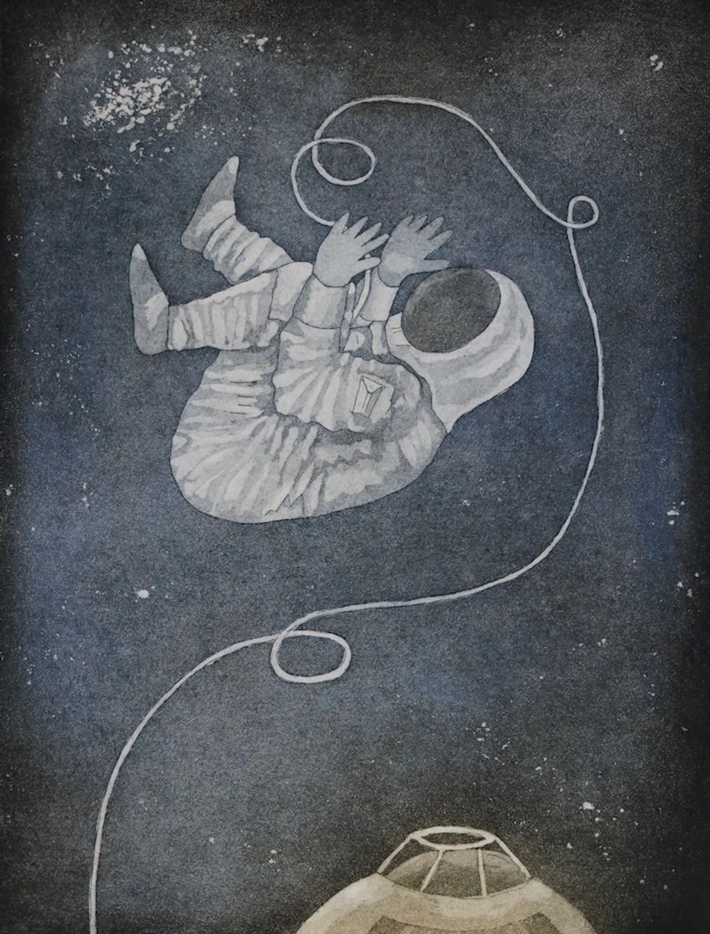 The image is of an astronaut floating in space in the foetal position, tethered to a spacecraft. Som