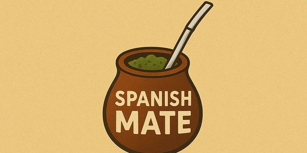 Illustration of a mate cup with 'Spanish Mate' text and a bombilla straw.