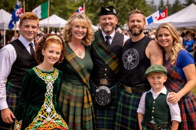 A smiling family dressed in Scottish attire at an outdoor event with flags in the background.
