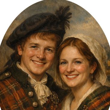 Smiling couple in traditional Scottish attire in a classic portrait style.
