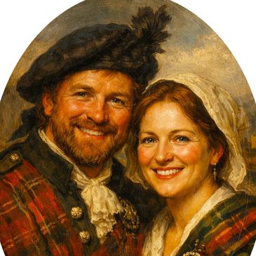 Portrait of a smiling couple in traditional Scottish attire.