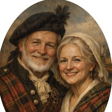 Smiling elderly couple in traditional Scottish attire.