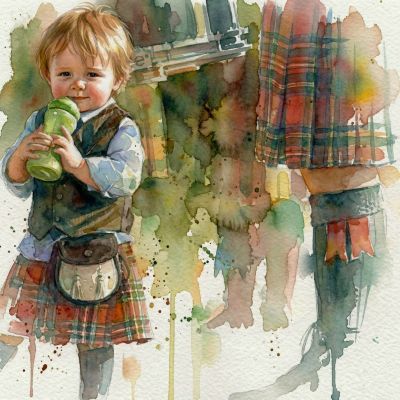 Watercolor painting of a toddler in a Scottish kilt holding a green bottle.