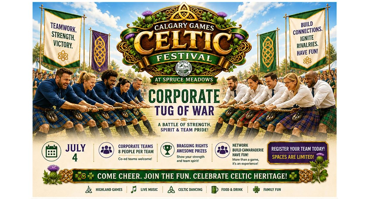 Corporate teams compete in a Celtic Festival tug of war, celebrating strength and team spirit.