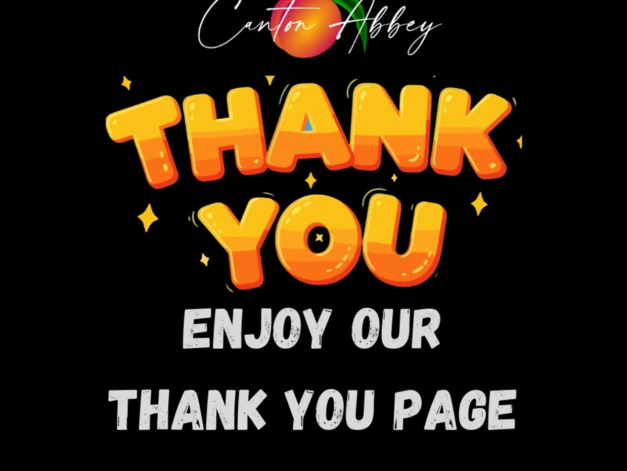 Bright thank you message from Canton Abbey with playful font and peach logo.