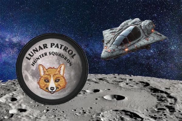 A lunar patrol patch with a fox and a futuristic spaceship over the moon.