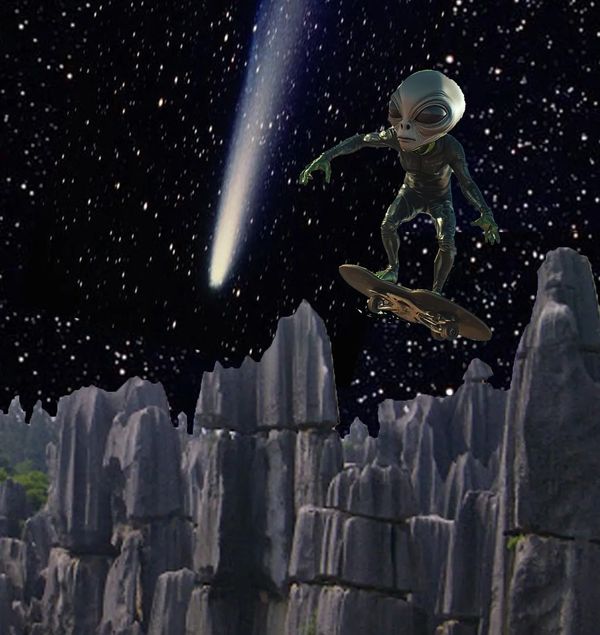 An alien skateboards in space above rocky cliffs under a starry sky.