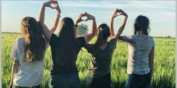 Four friends making heart shapes with their hands in a green field at sunset.