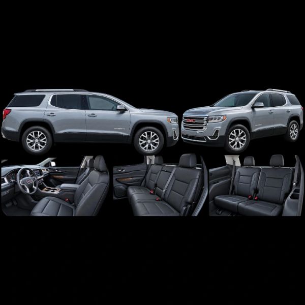 Silver GMC SUV with black leather interior shots.