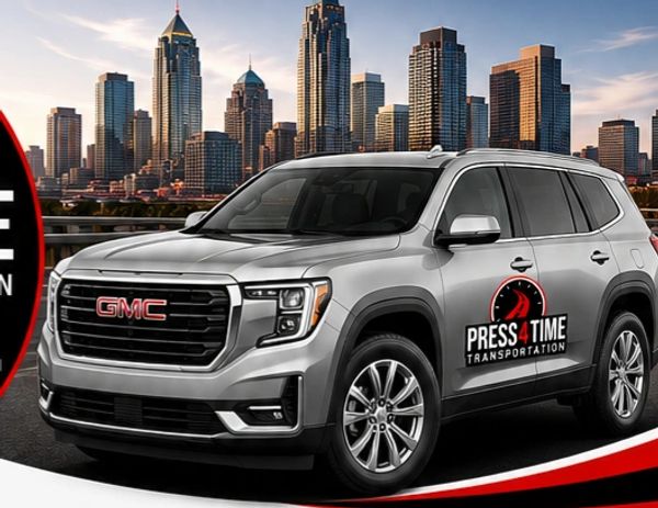 Silver GMC SUV with Press 4 Time Transportation logo against city backdrop.