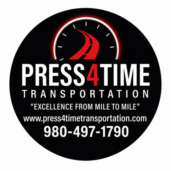 Logo for Press4Time Transportation with contact details.