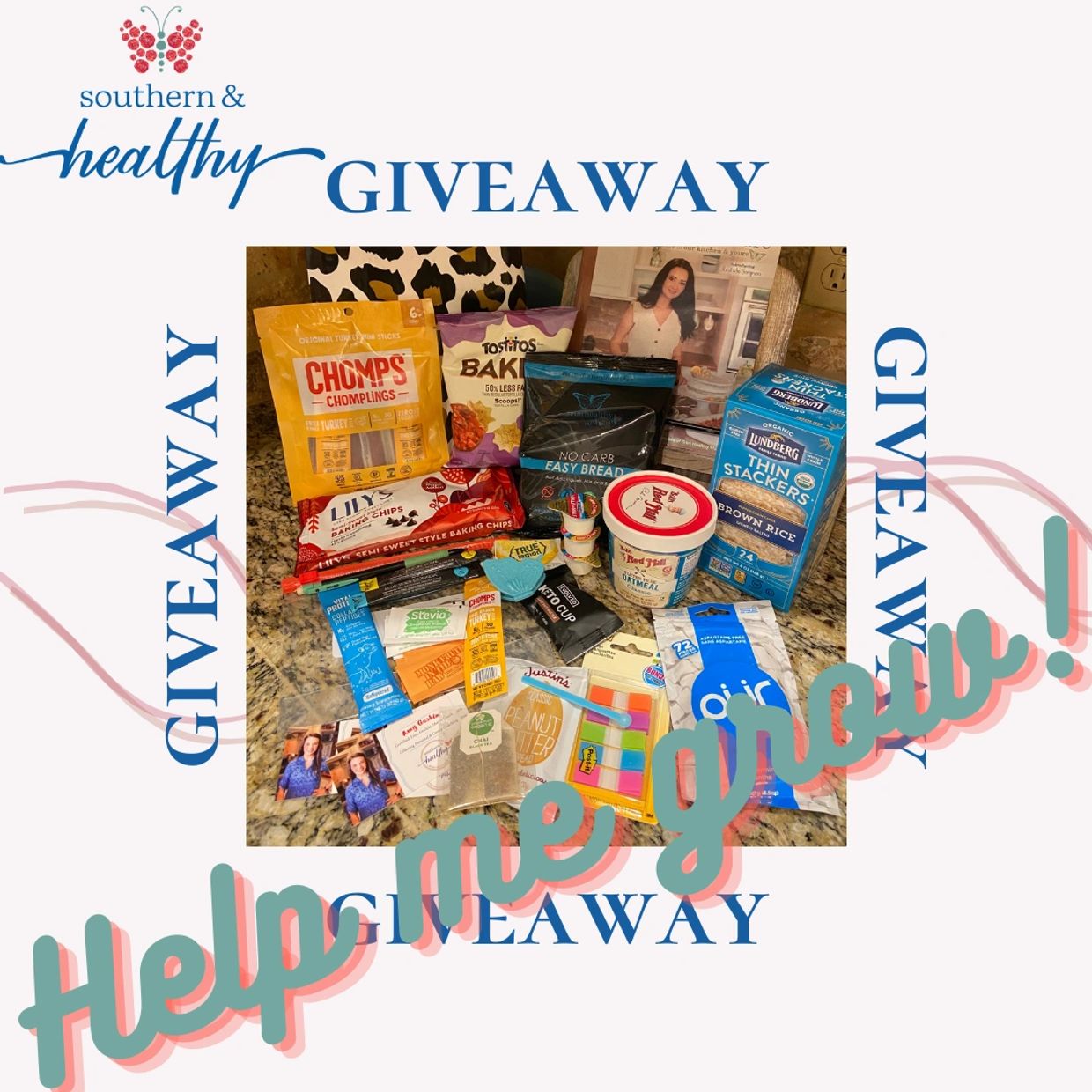 Healthy food and lifestyle giveaway with various snacks and kitchen items.