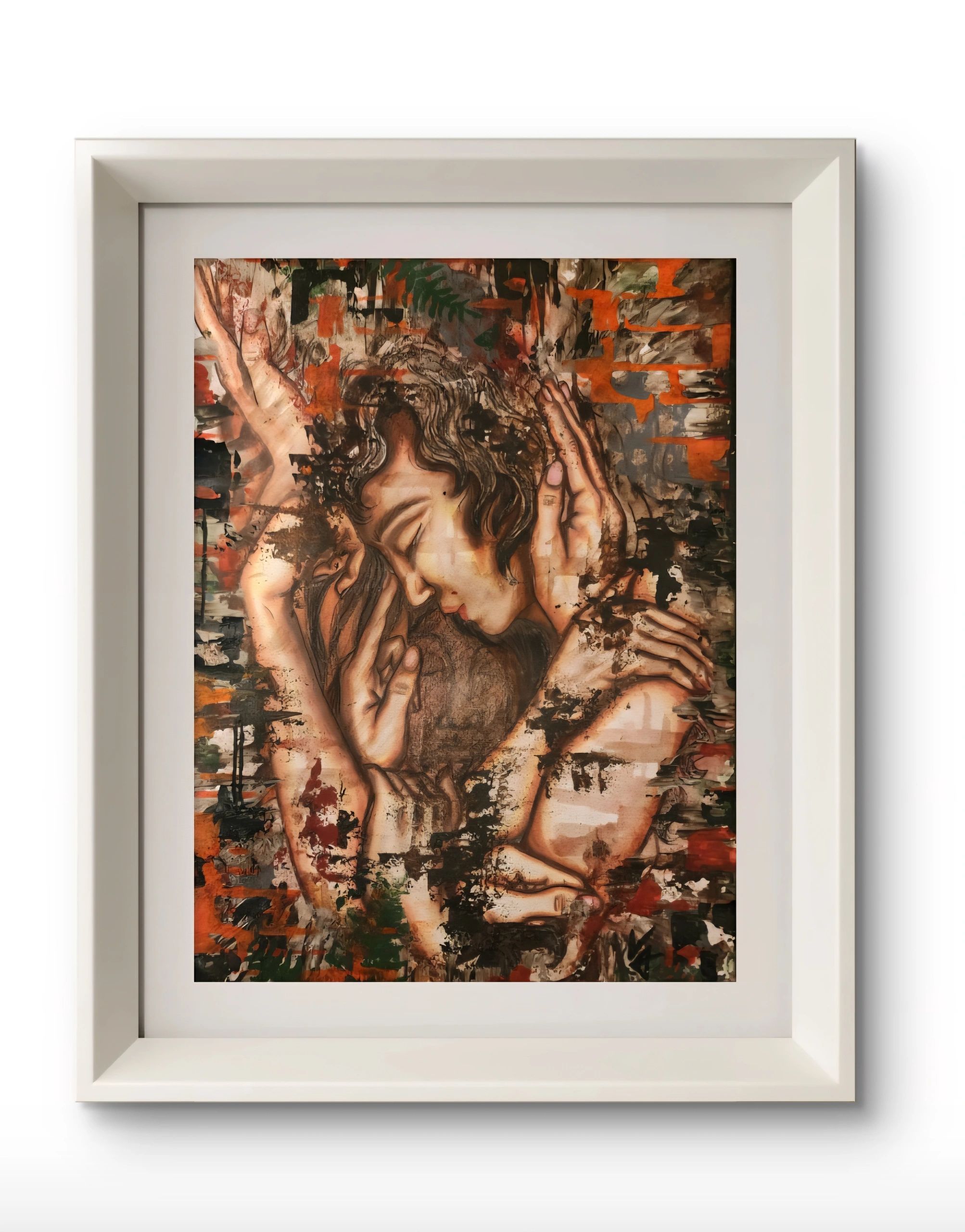 Abstract painting of intertwined figures with warm earthy tones and textured accents in a white frame.