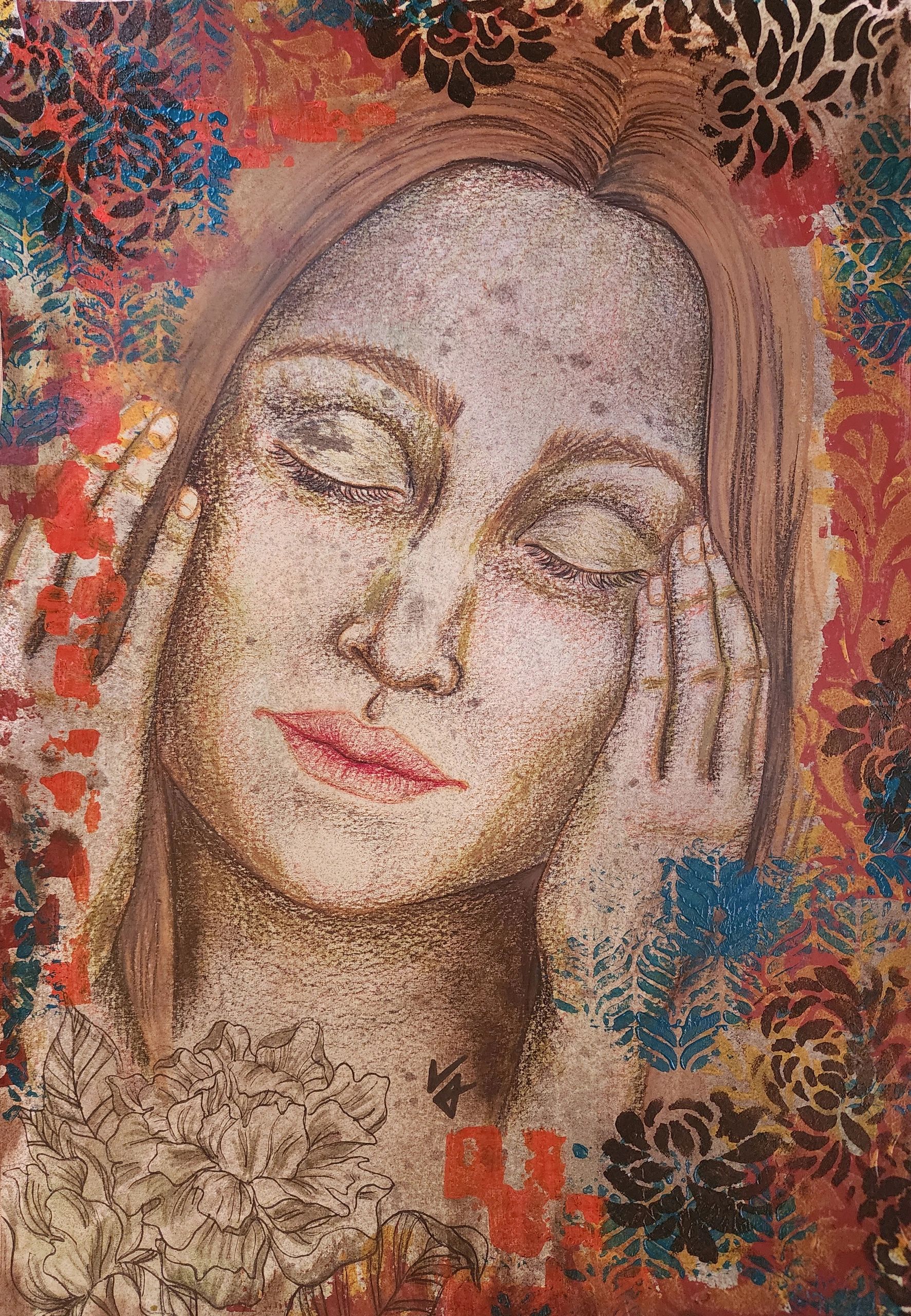 A serene portrait of a woman with closed eyes surrounded by colorful floral patterns.