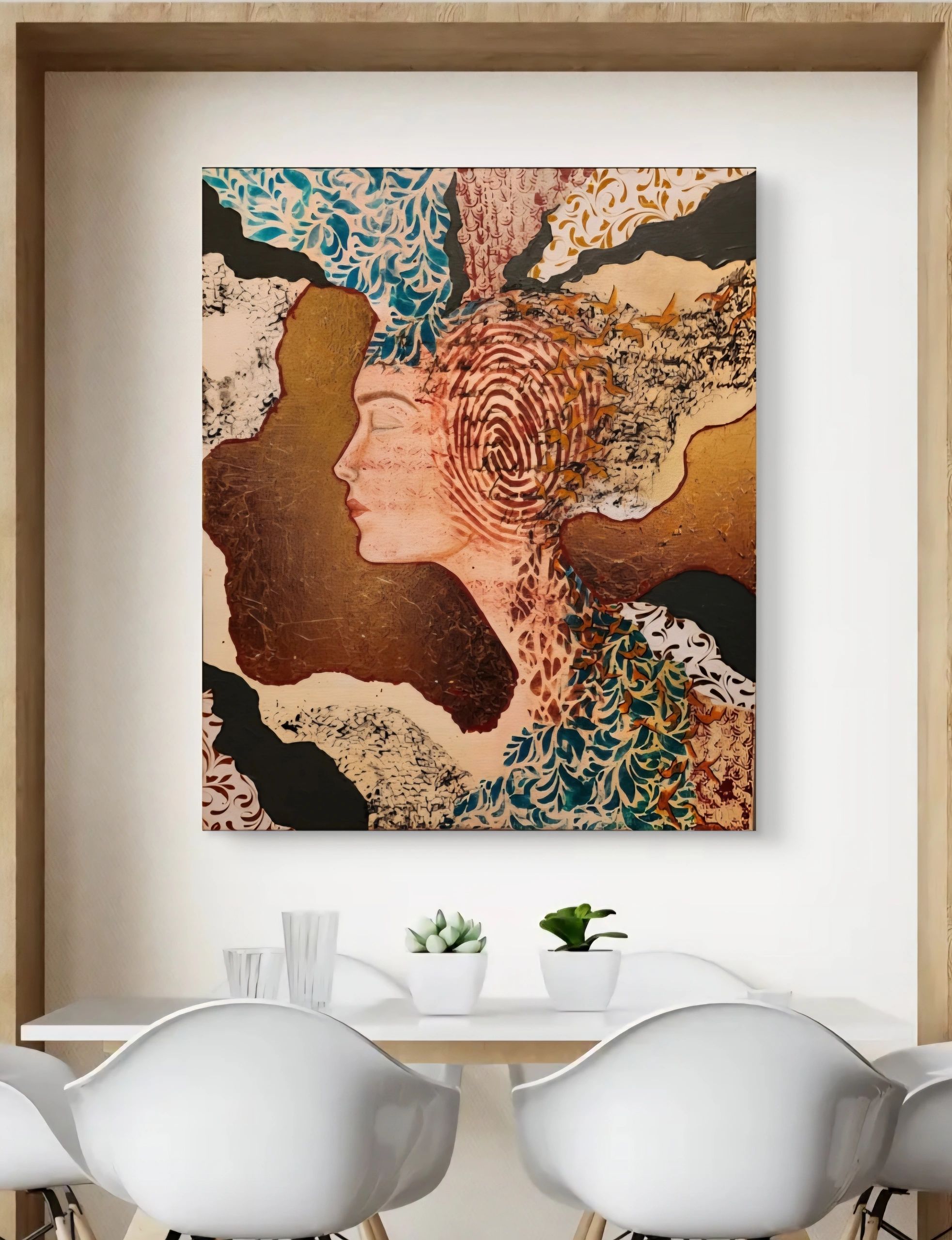 Abstract painting of a serene face with colorful patterns in a modern dining room.