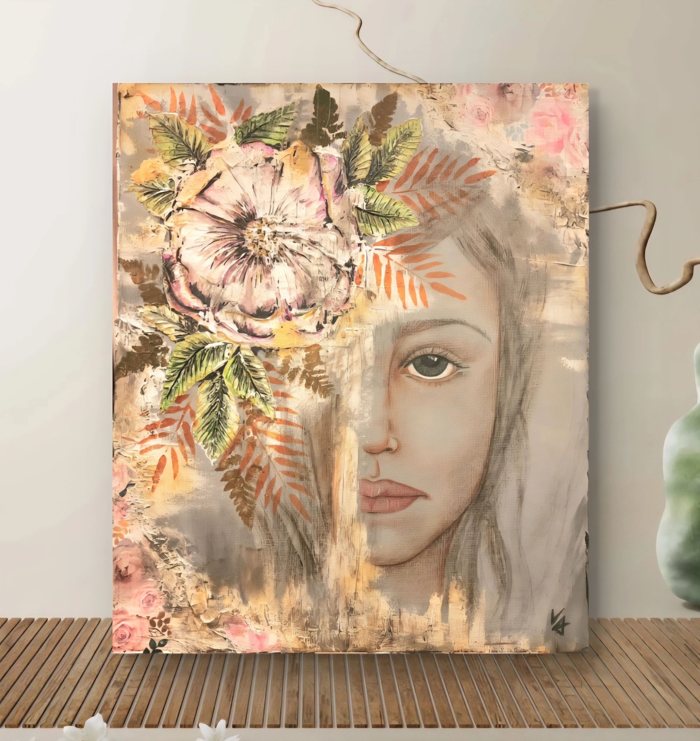 A delicate painting of a woman's face adorned with flowers and leaves.