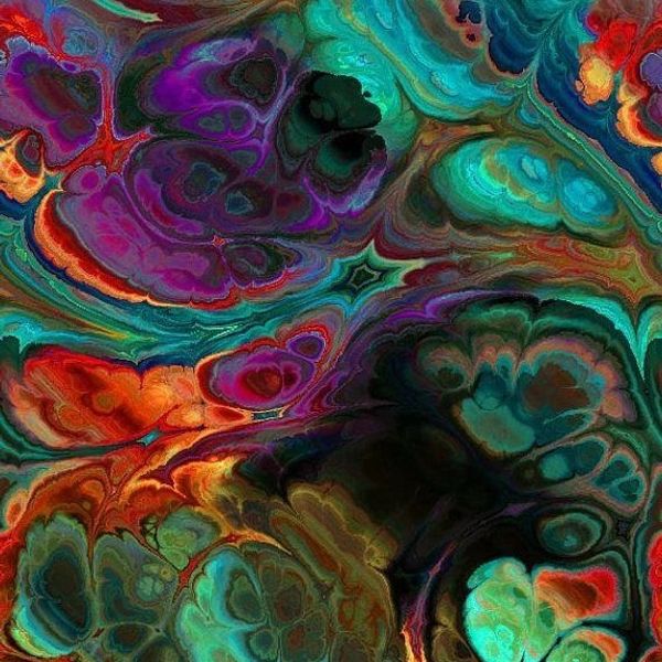 Vibrant abstract painting with swirling patterns in blues, purples, reds, and oranges.