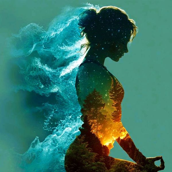 Silhouette of a woman blending with cosmic and forest elements.