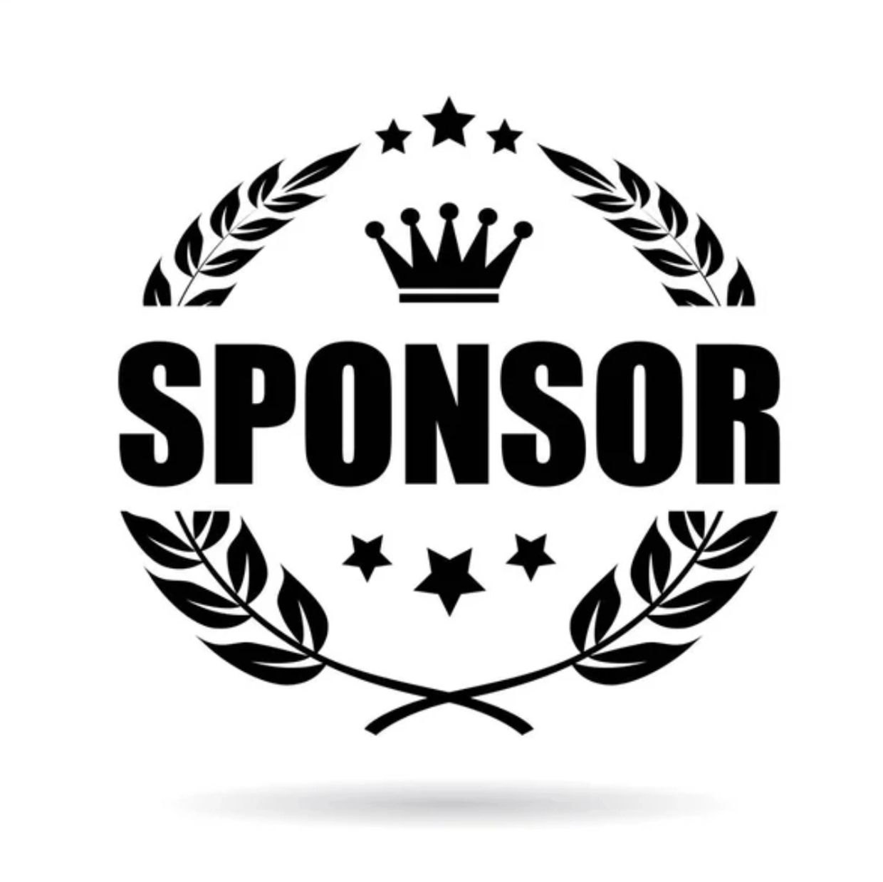 Black and white sponsor emblem with crown and laurel wreath.