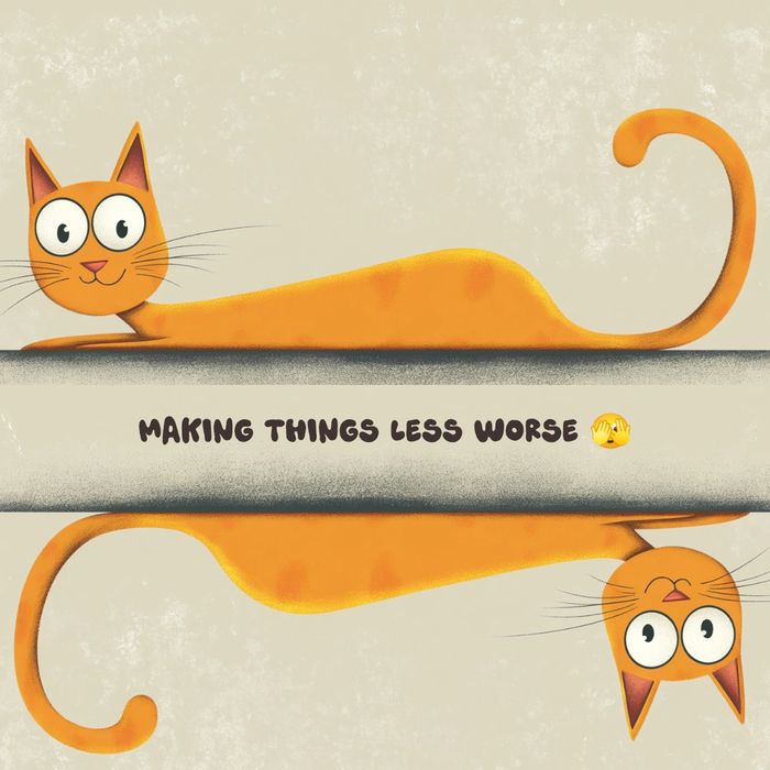 Two cartoon cats with a logo in between them that says making things less worse