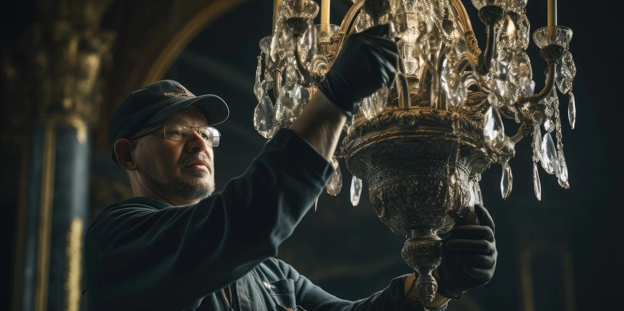 A man carefully cleans an ornate chandelier in a dimly lit room.
