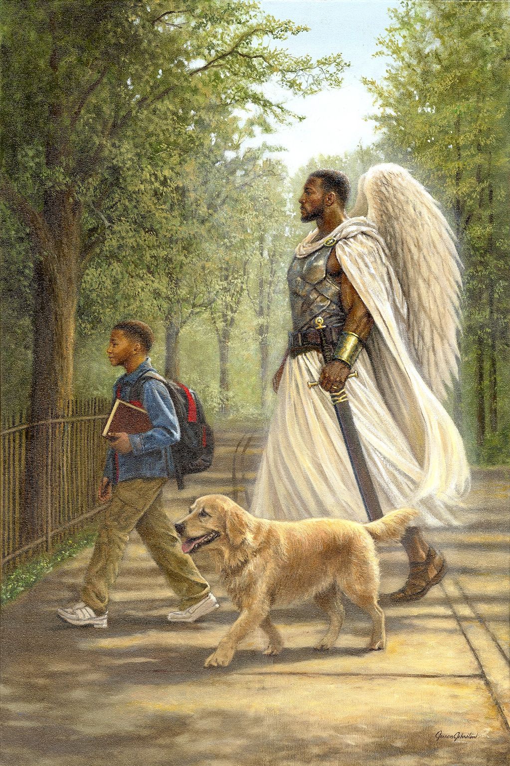 A guardian angel escorting a young boy to school