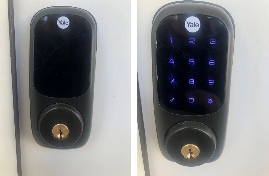 Yale smart lock with touchscreen keypad on a door.