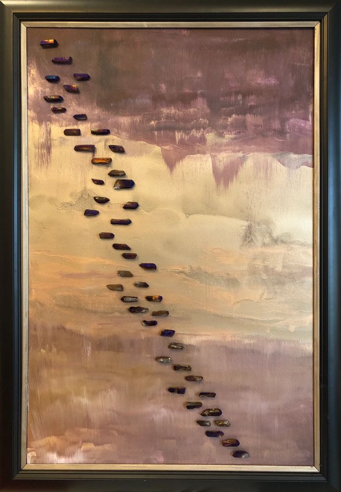 Abstract painting with diagonal purple stones and gold stones on a muted background.