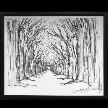 Black and white drawing of a tree-lined path with bare branches.